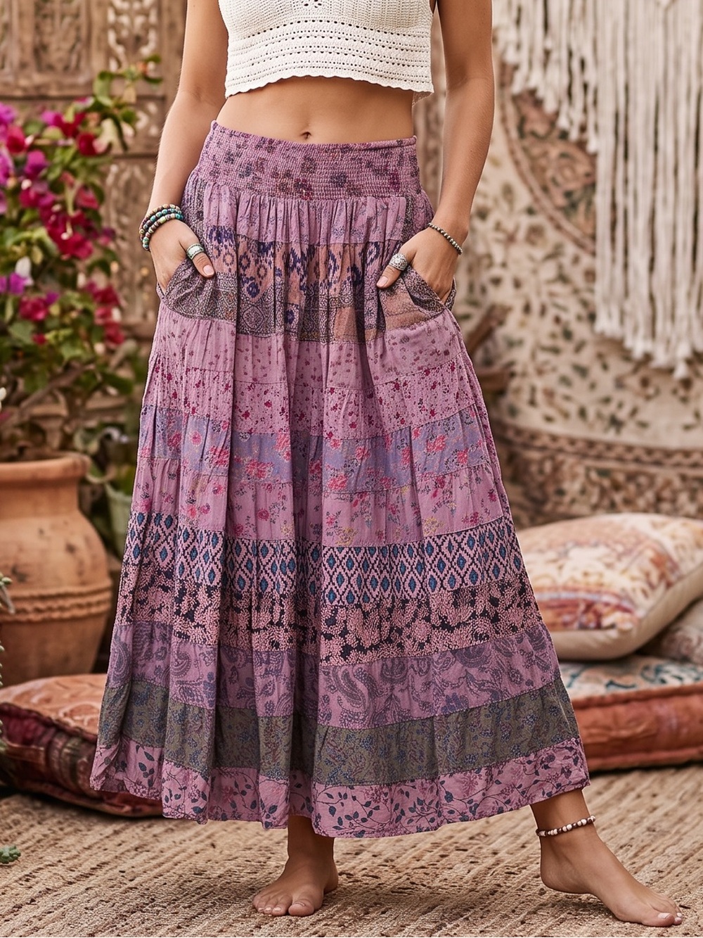 Blue Sky Boho Tiered Maxi Skirt With Pockets, SMALL